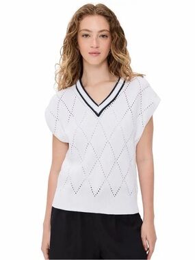 Varley Beaton White V-Neck Sweater Vest with Navy Trim